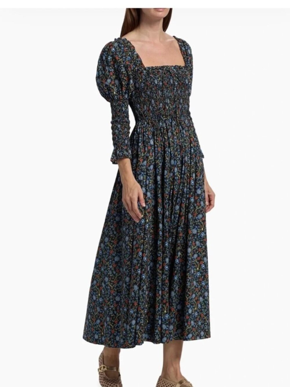 Doen Bijou Dress noir prairie de montagne floral long sleeve Maxi Dress Sz M NWT